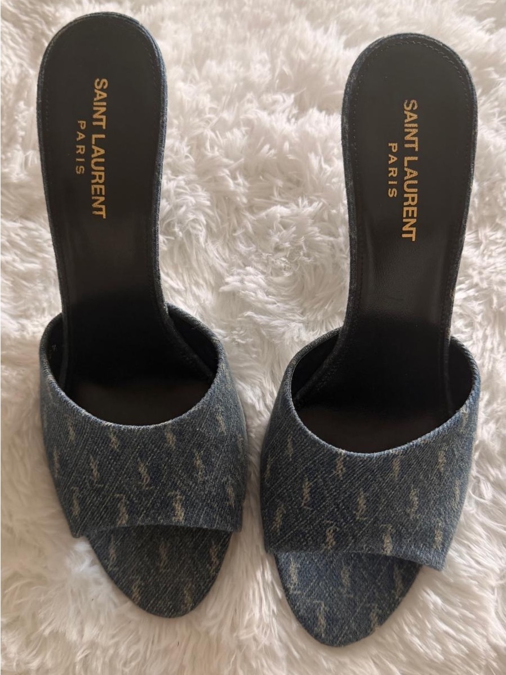 Saint Laurent Denim Open-Toe Slide Mules in Blue